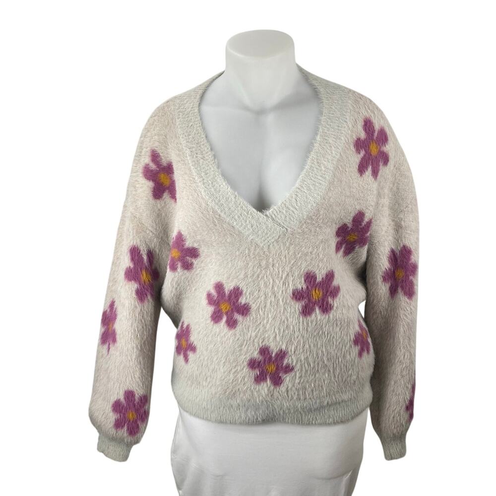 Listicle Women's Beige Floral Fleece V Neck Knit Long Sleeve Sweater Top Size M